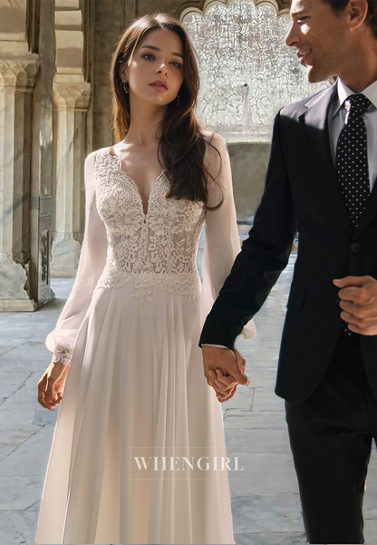 Romantic A-Line V-Neck Long Sleeves Sweep Train Pleats Lace Wedding Dress with Applique
