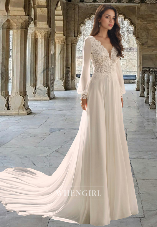 Romantic A-Line V-Neck Long Sleeves Sweep Train Pleats Lace Wedding Dress with Applique