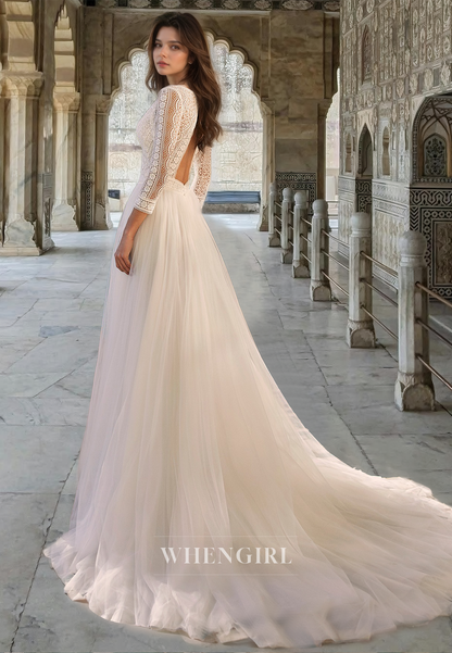 Glamorous A-Line V-Neck Long Sleeves Appliques Pleats Lace Wedding Dress with Train