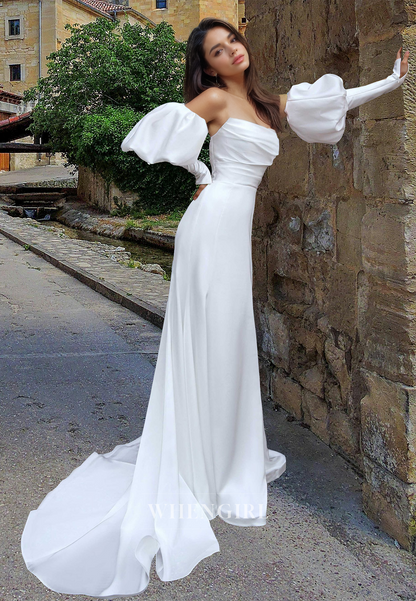 Glamorous Tube Top Long Sleeves Sheath Ruched Satin Wedding Dress with Train Bridal Gown