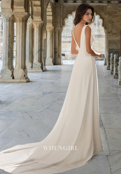 Classic Bohemian A-Line V-Neck Straps Sleeveless Pleats Beach Wedding Dress with Slit