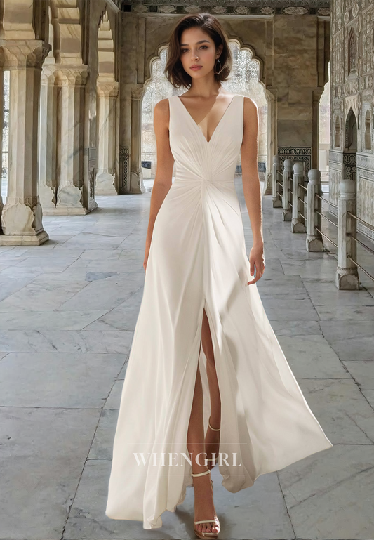 Classic Bohemian A-Line V-Neck Straps Sleeveless Pleats Beach Wedding Dress with Slit