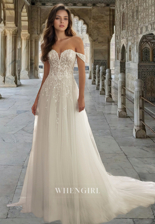 Off-Shoulder A-Line Sweetheart Sleeveless Train Pleats Lace Wedding Dress with Appliques