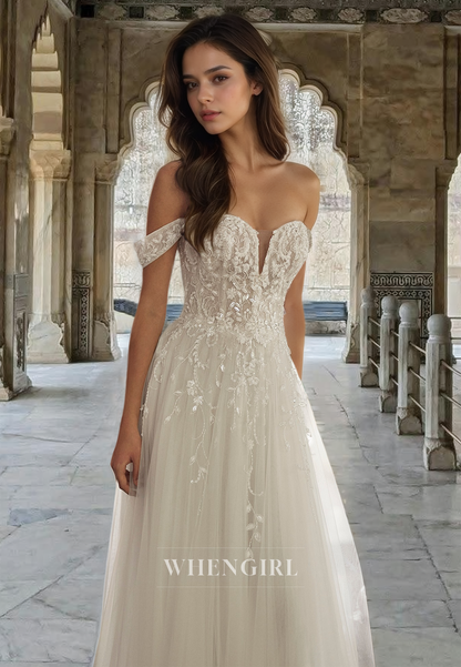 Off-Shoulder A-Line Sweetheart Sleeveless Train Pleats Lace Wedding Dress with Appliques