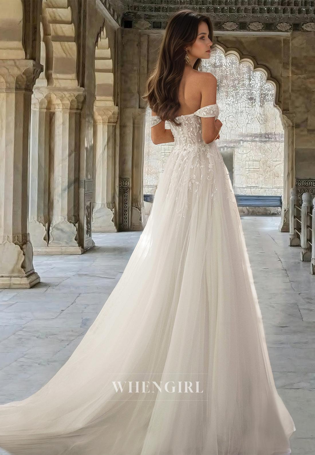 Off-Shoulder A-Line Sweetheart Sleeveless Train Pleats Lace Wedding Dress with Appliques