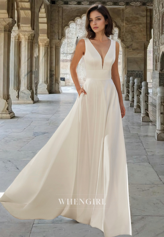 Chic A-Line V-Neck Straps Sleeveless Pleats Satin Wedding Dress Bridal Gown with Train