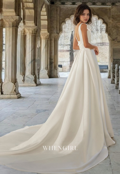 Chic A-Line V-Neck Straps Sleeveless Pleats Satin Wedding Dress Bridal Gown with Train
