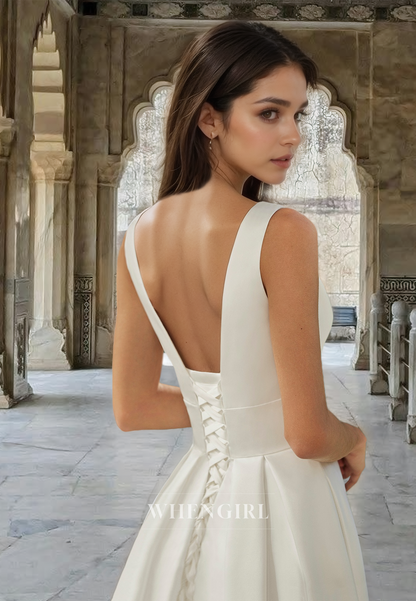 Chic A-Line V-Neck Straps Sleeveless Pleats Satin Wedding Dress Bridal Gown with Train