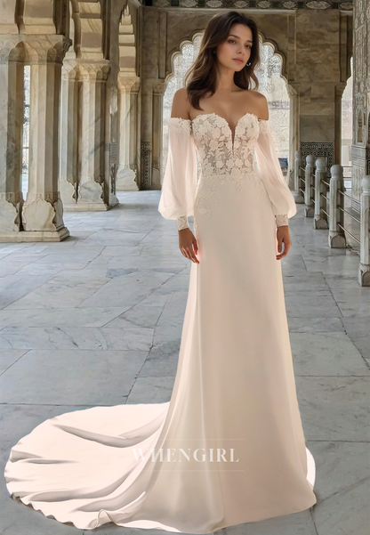 Distinctive Sweetheart Long Sleeves Sheath Sweep Train Beach Wedding Dress with Applique