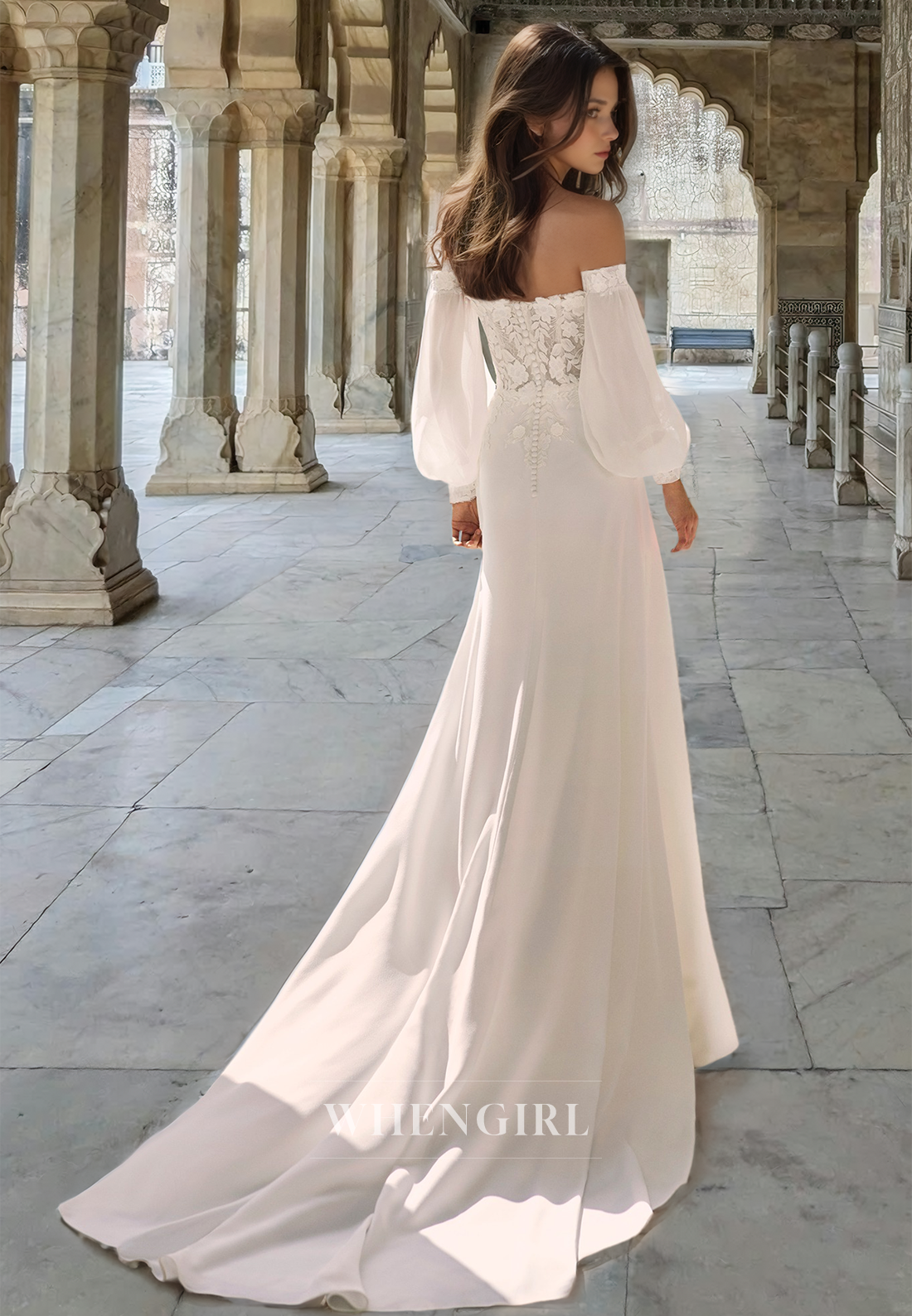 Distinctive Sweetheart Long Sleeves Sheath Sweep Train Beach Wedding Dress with Applique