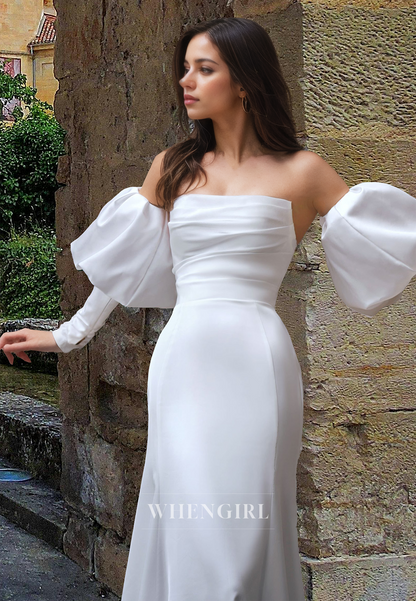 Glamorous Tube Top Long Sleeves Sheath Ruched Satin Wedding Dress with Train Bridal Gown