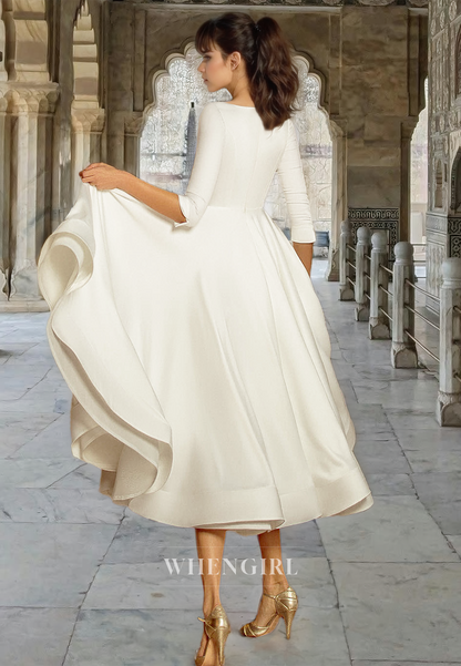 Casual A-Line V-Neck Half Sleeves Satin Pleats Beach Wedding Dress Bridal Gowns