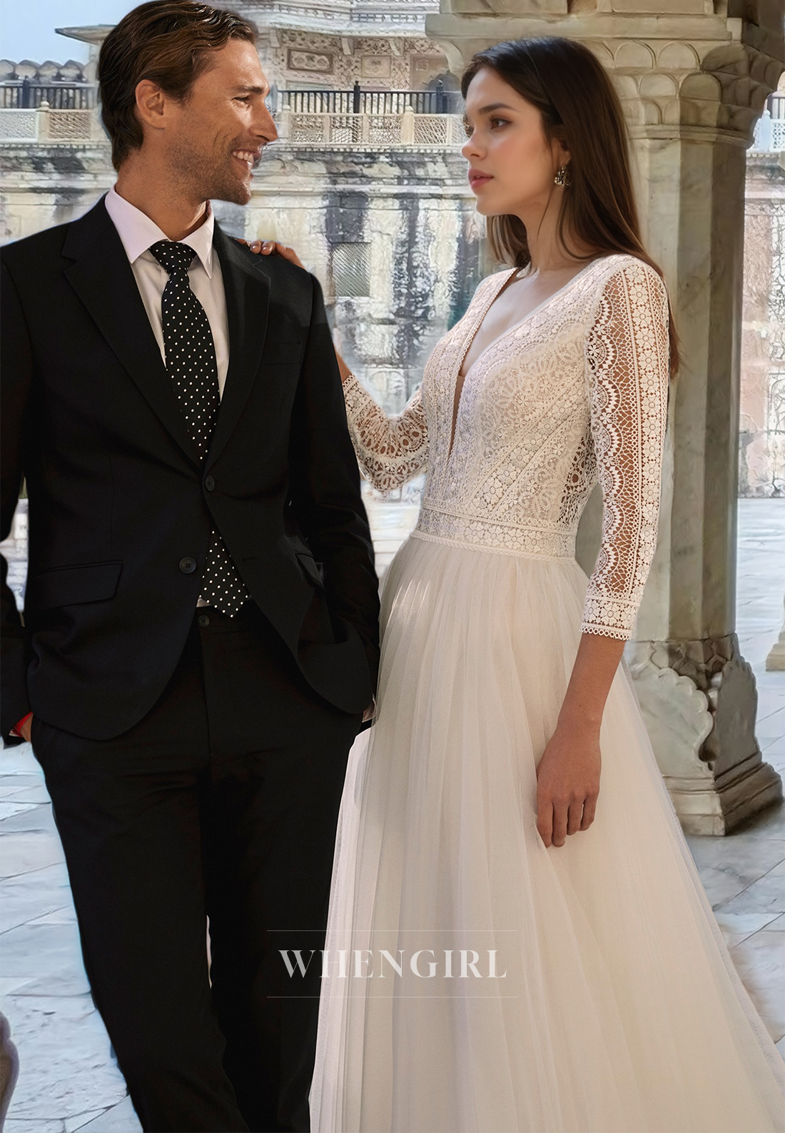 Glamorous A-Line V-Neck Long Sleeves Appliques Pleats Lace Wedding Dress with Train