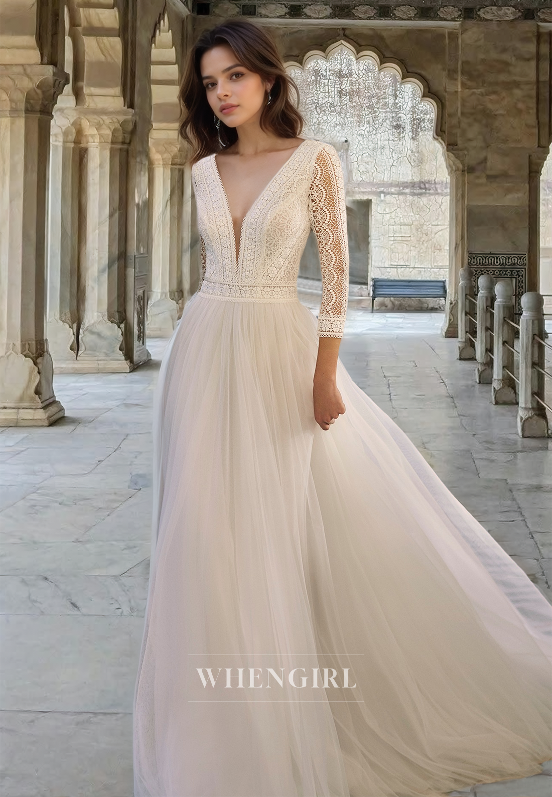 Glamorous A-Line V-Neck Long Sleeves Appliques Pleats Lace Wedding Dress with Train