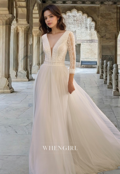 Glamorous A-Line V-Neck Long Sleeves Appliques Pleats Lace Wedding Dress with Train