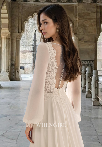 Romantic A-Line V-Neck Long Sleeves Sweep Train Pleats Lace Wedding Dress with Applique