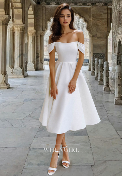 Simple Off-Shoulder A-Line Sleeveless Satin Pleats Tea-Length Wedding Dress Boho Gown