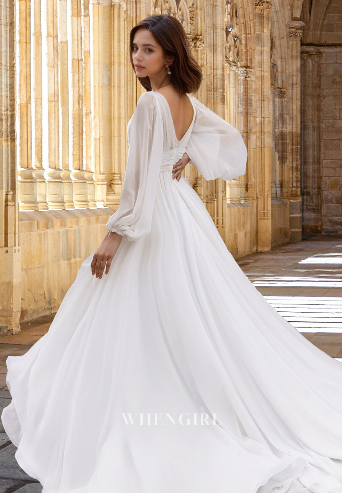 Bohemian A-Line V-Neck Long Sleeves Side Slit Lace Pleats Long Wedding Dress with Train