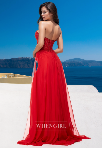 Hot Sweetheart Sheath Sleeveless Appliques Stripe Long Prom Party Dress with Slit