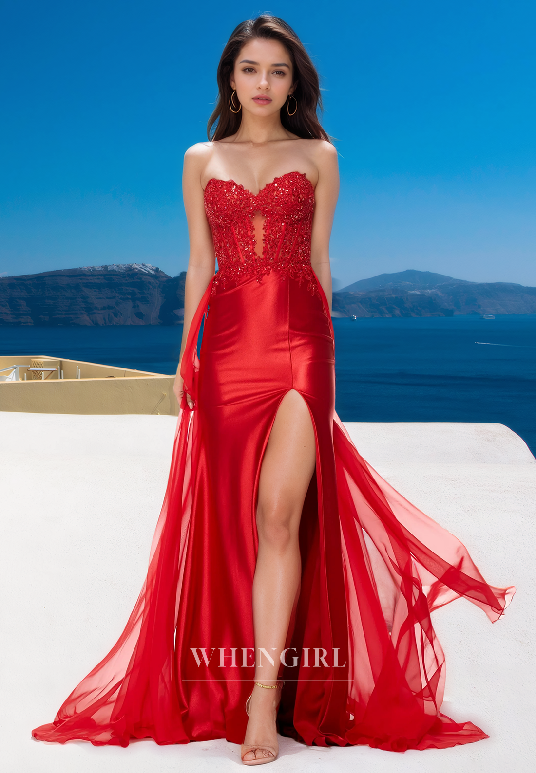 Hot Sweetheart Sheath Sleeveless Appliques Stripe Long Prom Party Dress with Slit