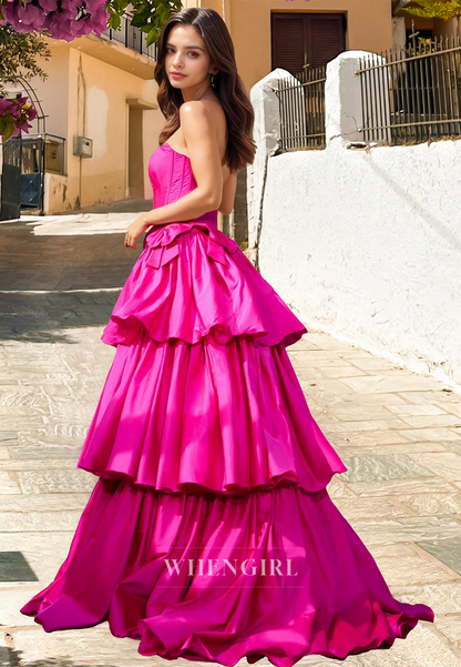 Striking A-Line Tube Top Sleeveless Stripe Pleats Satin Ball Gown with Bows Prom Dress