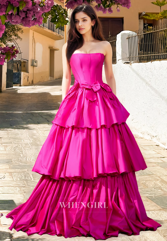 Striking A-Line Tube Top Sleeveless Stripe Pleats Satin Ball Gown with Bows Prom Dress