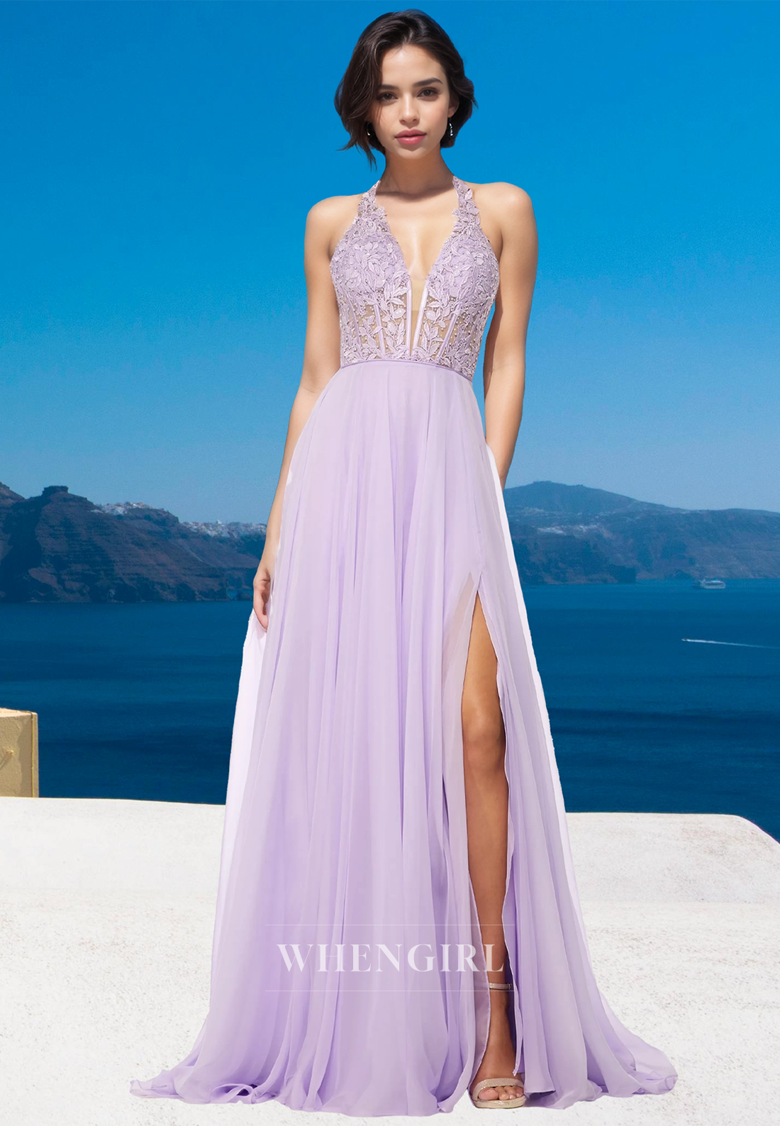 Graceful A-Line V-Neck Sleeveless Side Slit Beaded Lace Pleats Prom Formal Dress with Applique
