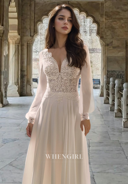 Romantic A-Line V-Neck Long Sleeves Sweep Train Pleats Lace Wedding Dress with Applique