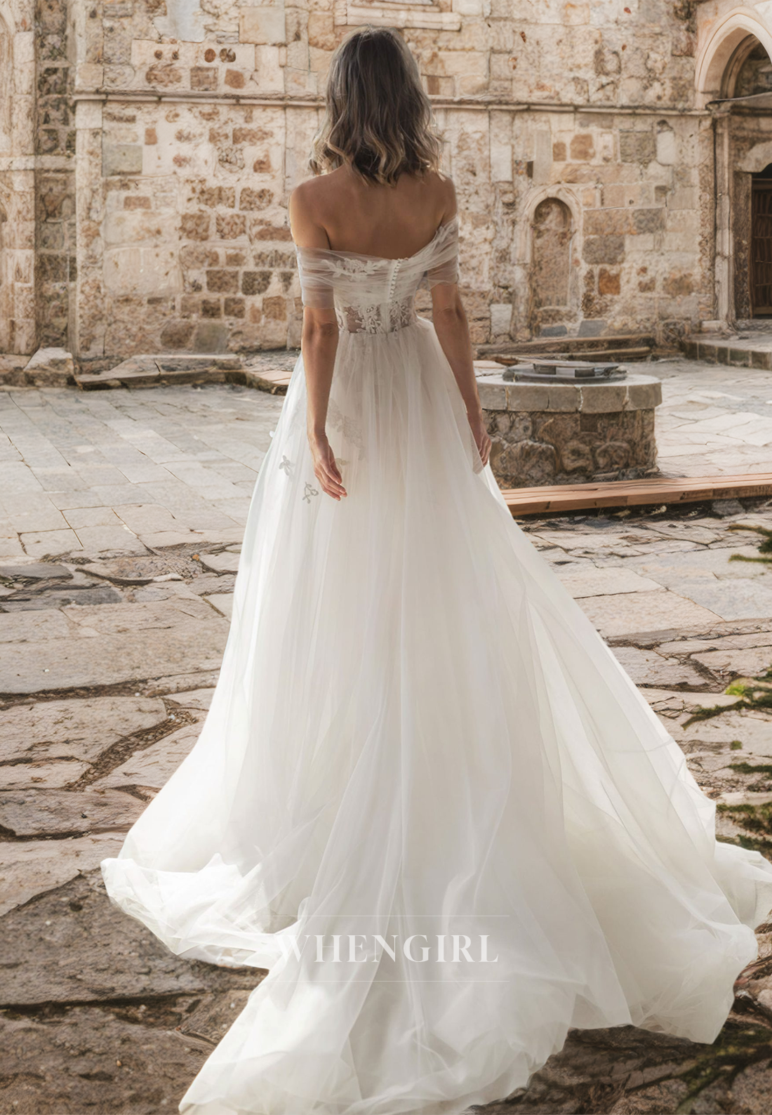 A-Line Off-Shoulder Sleeveless Stripe Appliques Lace Pleats Wedding Dress with Train