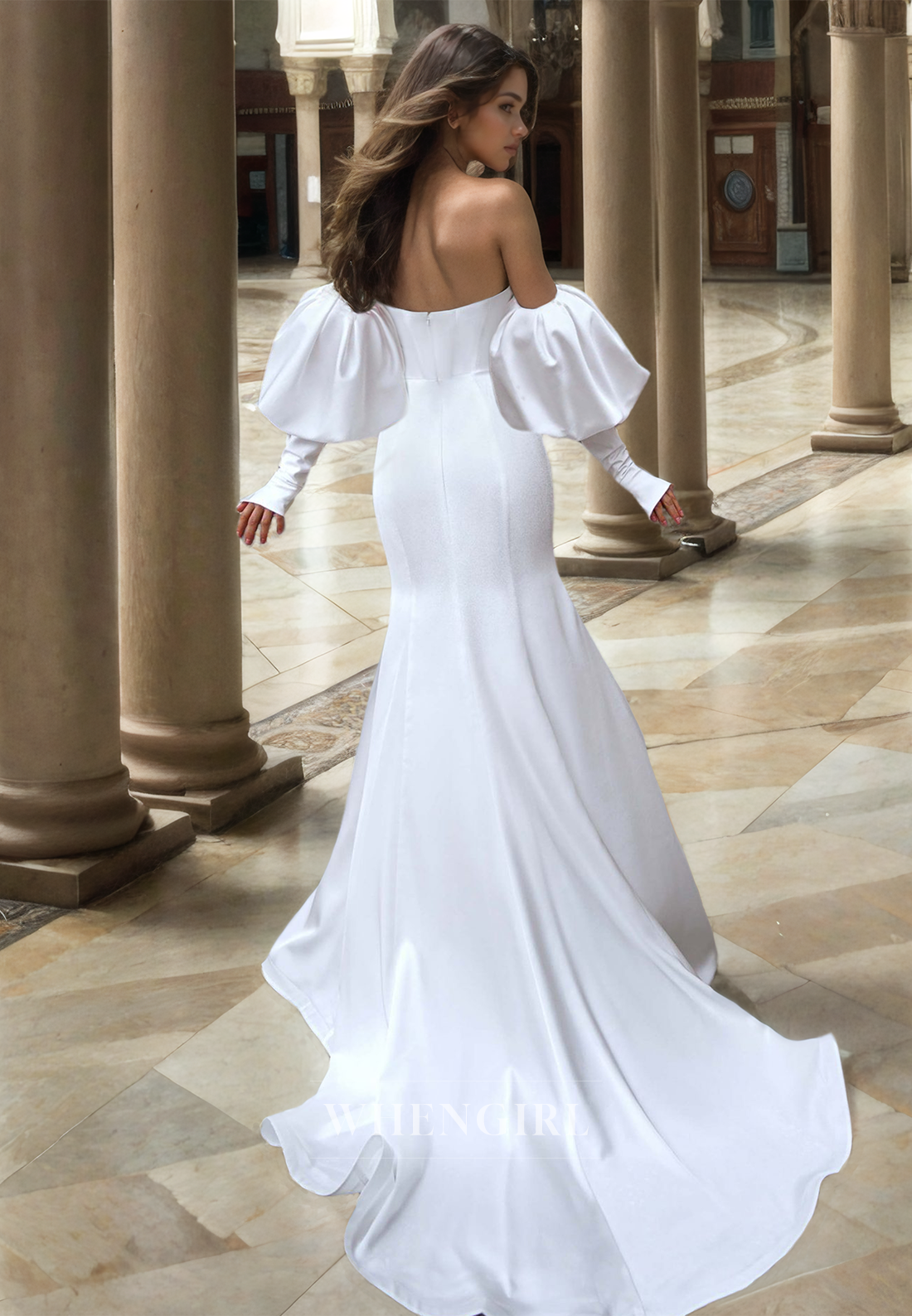 Glamorous Tube Top Long Sleeves Sheath Ruched Satin Wedding Dress with Train Bridal Gown