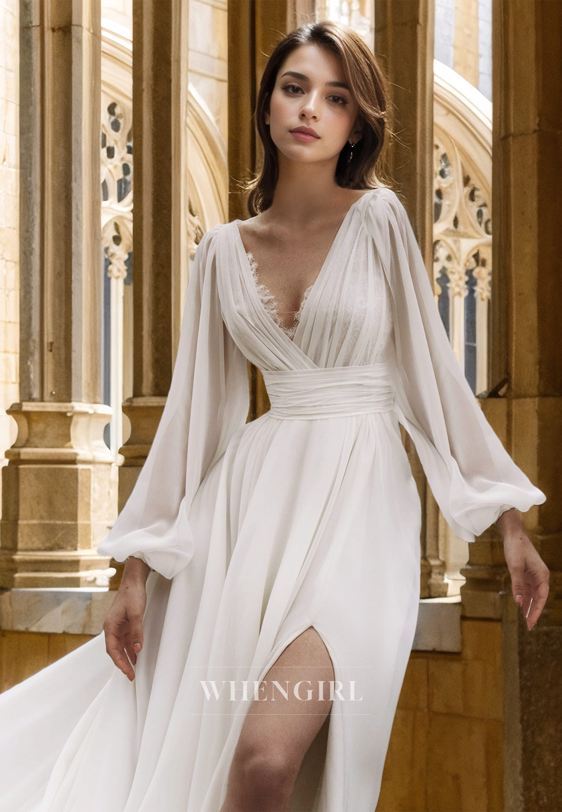 Bohemian A-Line V-Neck Long Sleeves Side Slit Lace Pleats Long Wedding Dress with Train