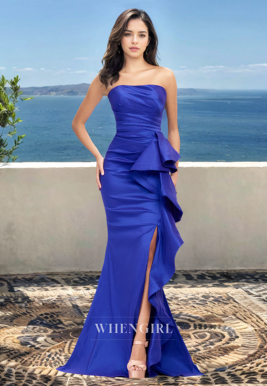 Chic Strapless Sleeveless Mermaid Side Slit Ruched Satin Prom Formal Dress with Train