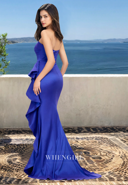 Chic Strapless Sleeveless Mermaid Side Slit Ruched Satin Prom Formal Dress with Train