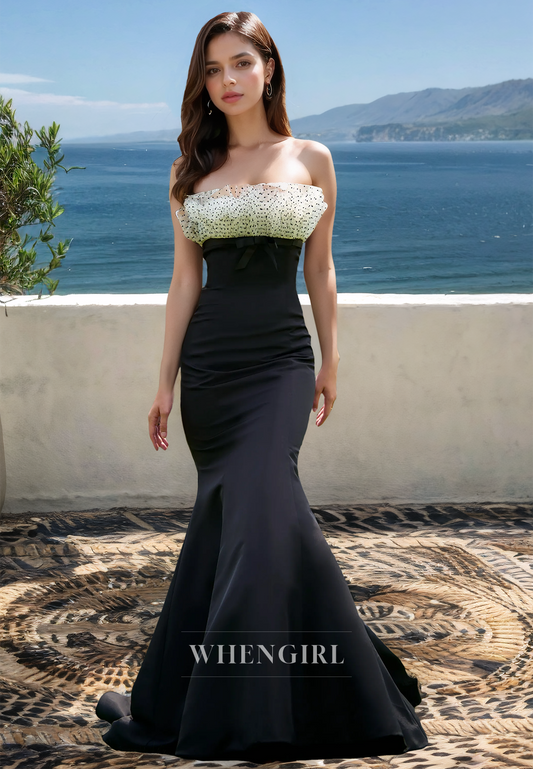 Elegant Tube Top Sleeveless Mermaid Sweep Train Satin Prom Formal Dress with Bows