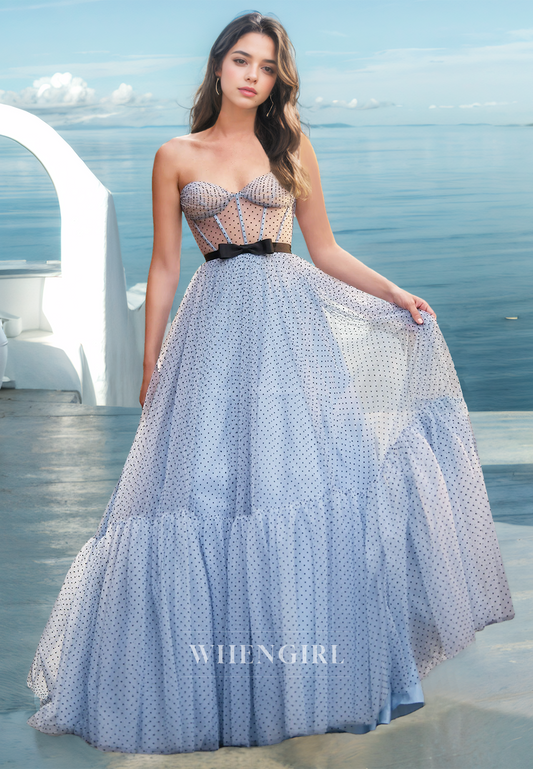 Cute A-Line Sweetheart Sleeveless Stripe Sheer Lace Pleats Prom Party Dress with Bows