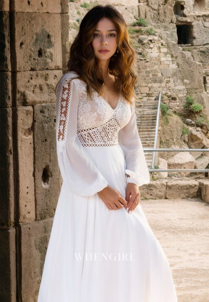 Elegant A-Line V-Neck Long Sleeves Sweep Train Pleats Lace Wedding Dress with Appliques