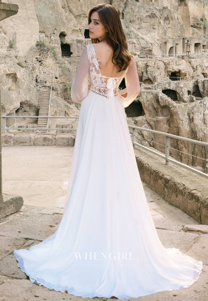 Elegant A-Line V-Neck Long Sleeves Sweep Train Pleats Lace Wedding Dress with Appliques
