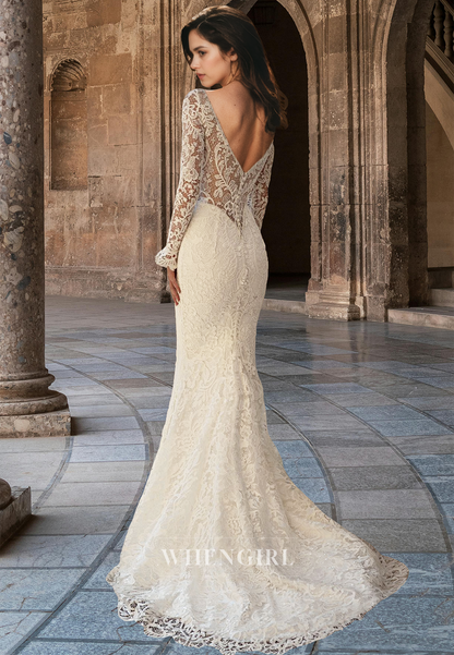 Romantic Long Sleeves V-Neck Mermaid Appliques Lace Bridal Gown Wedding Dress with Train