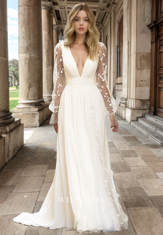 Elegant A-Line V-Neck Long Sleeves Sweep Train Lace Beach Wedding Dress Boho Gown with Applique