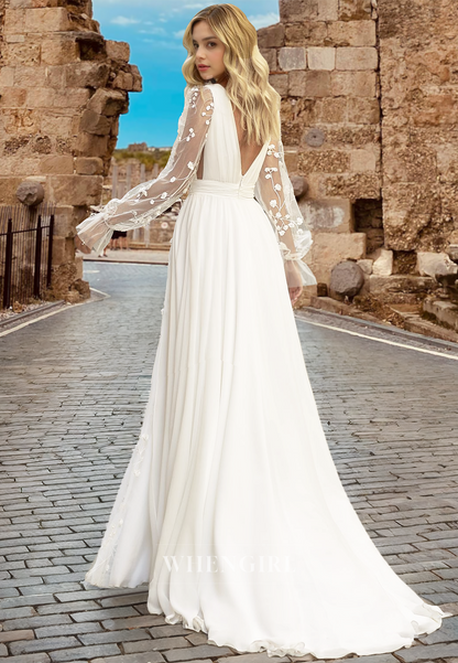 Elegant A-Line V-Neck Long Sleeves Sweep Train Lace Beach Wedding Dress Boho Gown with Applique