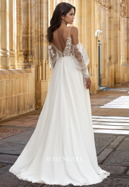 Glamorous A-Line V-Neck Straps Long Sleeves Appliques Lace Wedding Dress Bridal Gown with Slit