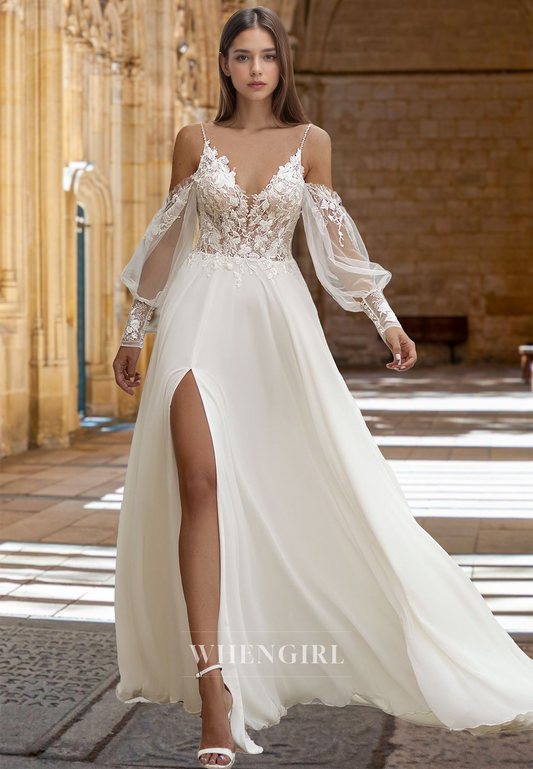 Glamorous A-Line V-Neck Straps Long Sleeves Appliques Lace Wedding Dress Bridal Gown with Slit