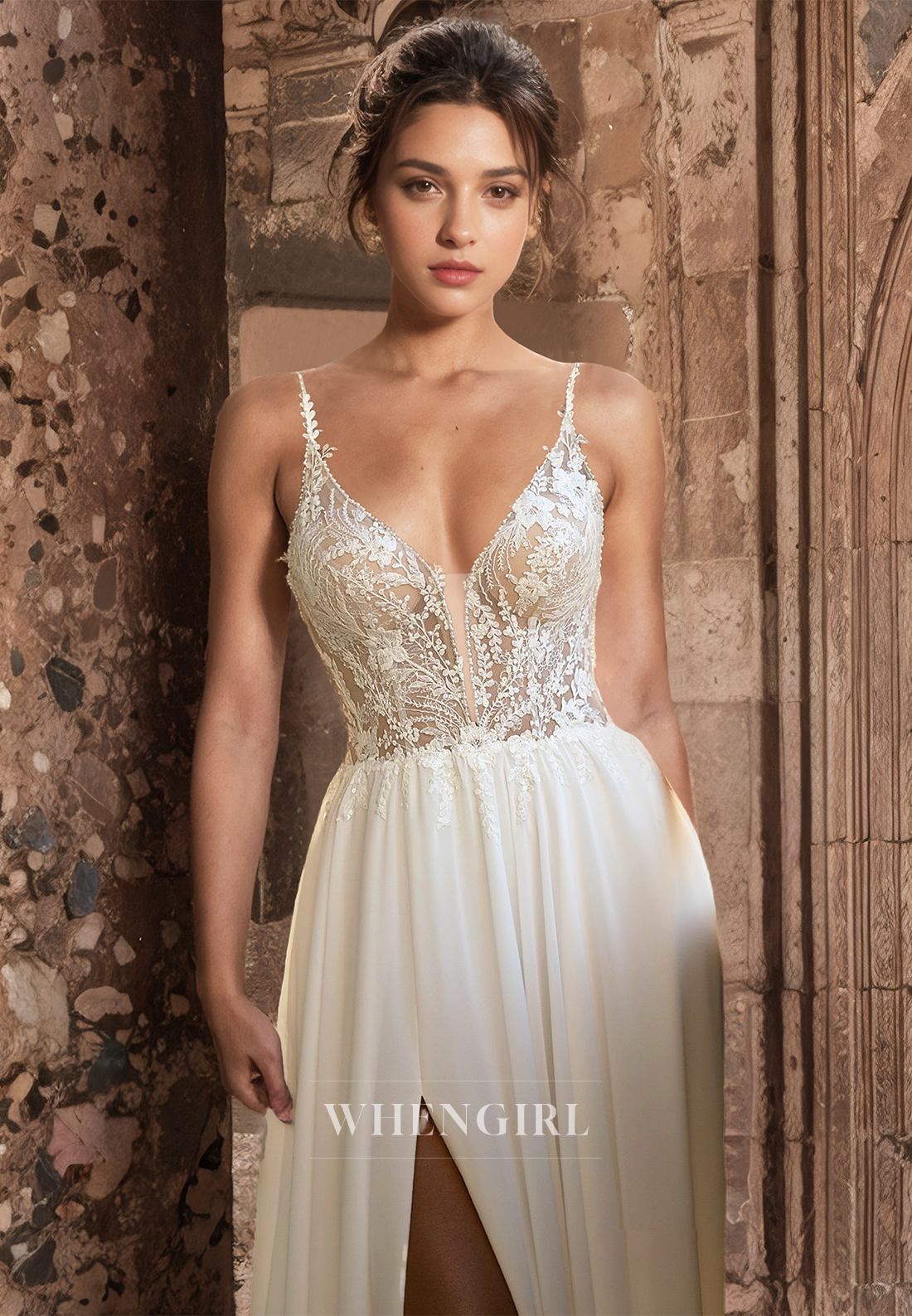 Spaghetti Straps A-Line V-Neck Side Slit Lace Wedding Dress with Appliques Boho Dress