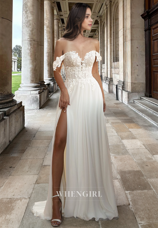 Off-Shoulder A-Line Sweetheart Wedding Dress Sleeveless Applique Lace Bridal Gown with Slit