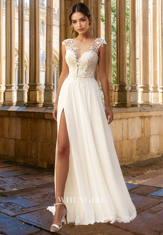 Scoop Neck Cap Sleeves A-Line Side Slit Long Lace Beach Wedding Dress Bridal Gown with Applique