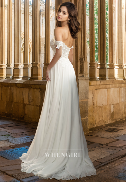 Off-Shoulder A-Line Sweetheart Wedding Dress Sleeveless Applique Lace Bridal Gown with Slit