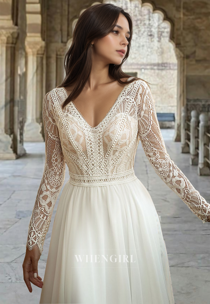 Long Sleeves A-Line V-Neck Appliques Lace Beach Wedding Dress Boho Gown with Train
