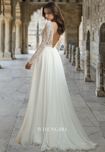 Long Sleeves A-Line V-Neck Appliques Lace Beach Wedding Dress Boho Gown with Train