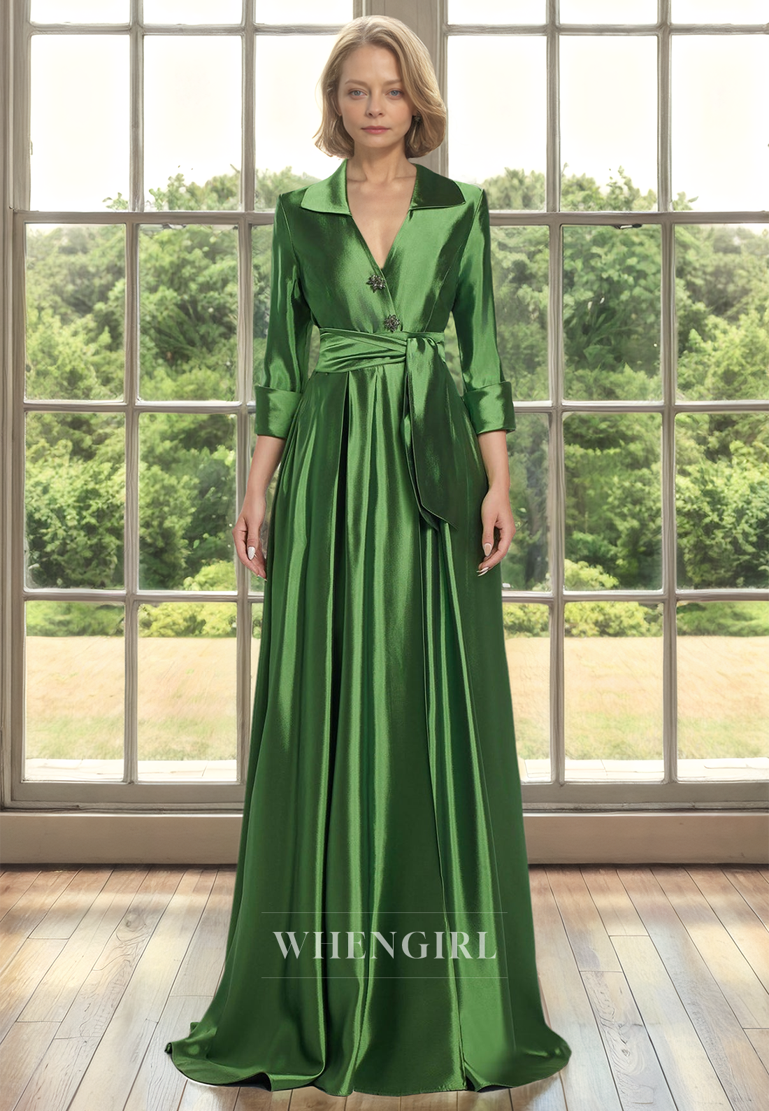 A-Line V-Neck Sleeves Pleats Satin Mother of  Bride Dress with Beads Cocktail Dress