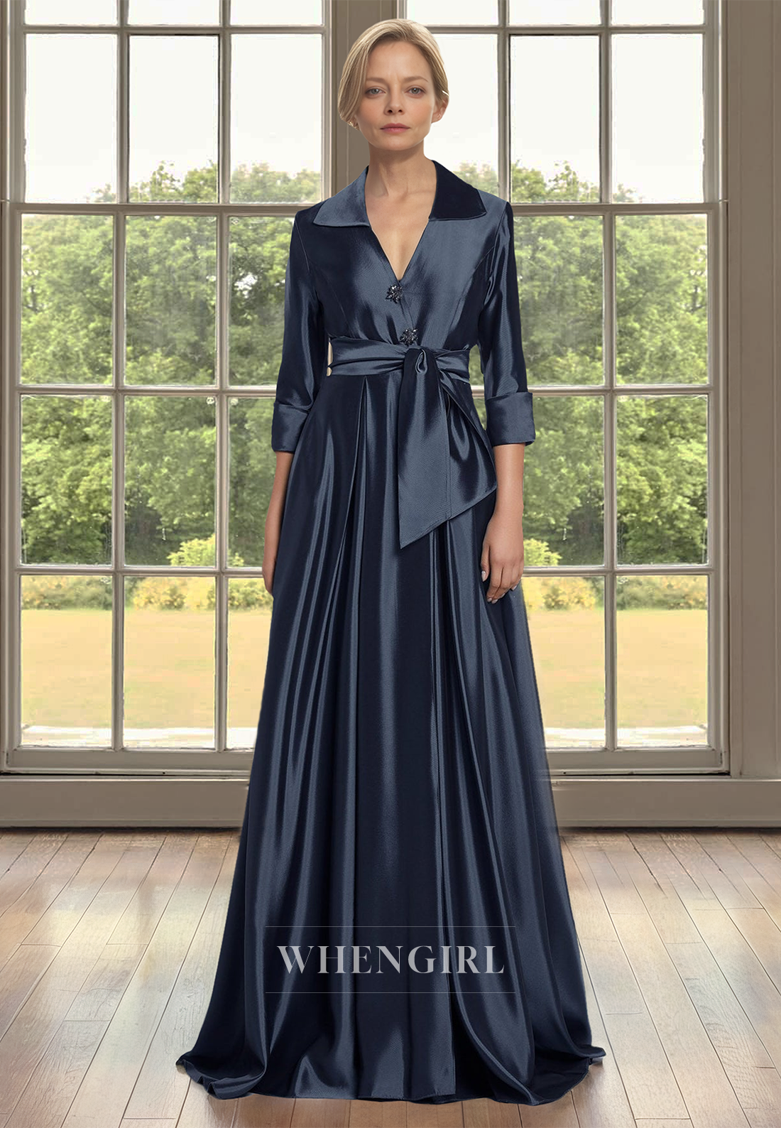 A-Line V-Neck Sleeves Pleats Satin Mother of  Bride Dress with Beads Cocktail Dress